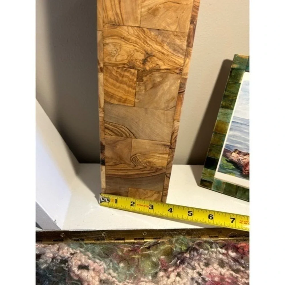 Olive Wood Patchwork Rectangular Vase Decorative‎ Mosaic Wood Holder 10.5 Inch